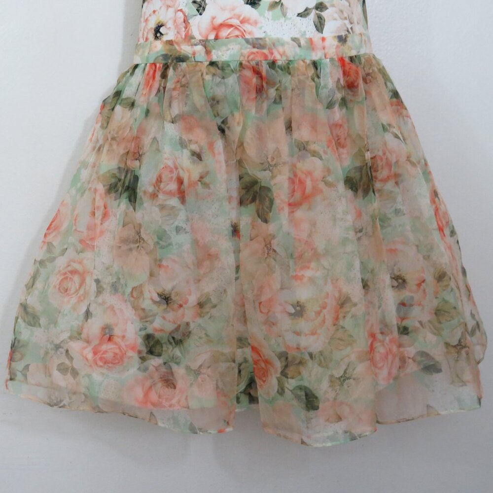 Alice + Olivia Peach Rose Print Scoop-Neck Mini Dress on Mint - Picture 5 of 7
